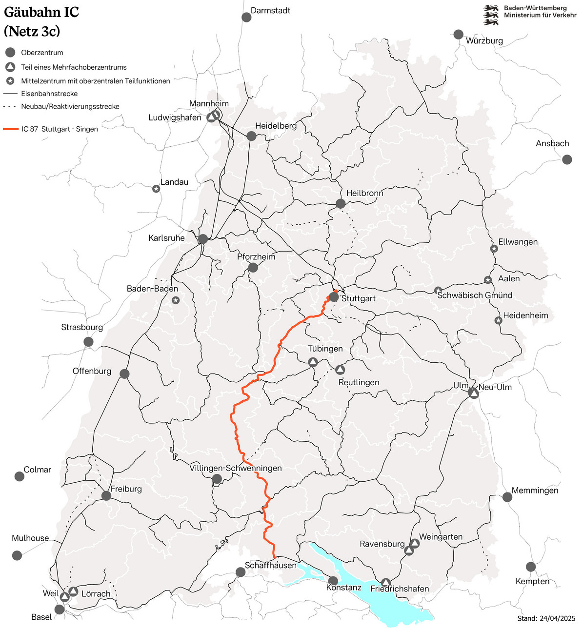 Netzkarte des Netz 3c Nahverkehrsfreigabe Intercity Gäubahn. Auf der Karte ist die Verbindung IC 87 Stuttgart – Singen mit Nahverkehrsintegration als RE eingezeichnet.
