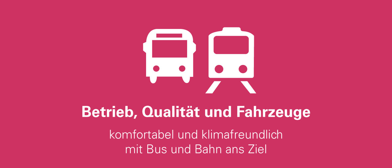 Zug und Bus nebeneinander. Text:  Betrieb, Qualität und Fahrzeuge - komfortabel und klimafreundlich mit  Bus und Bahn ans Ziel 