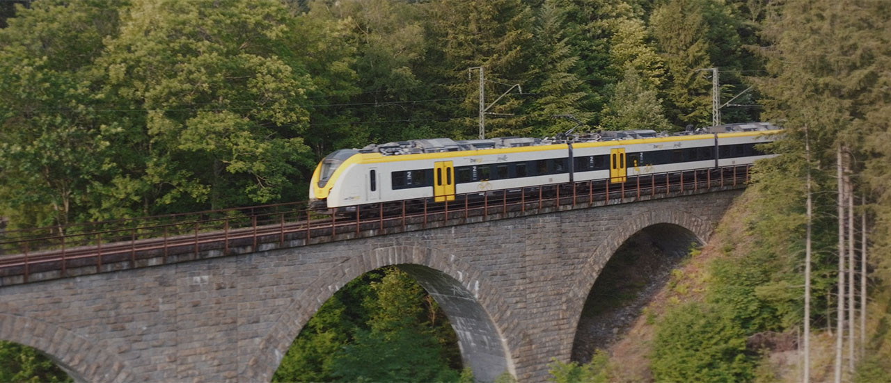 Ein Zug fährt über eine Brücke umgeben von Wald.