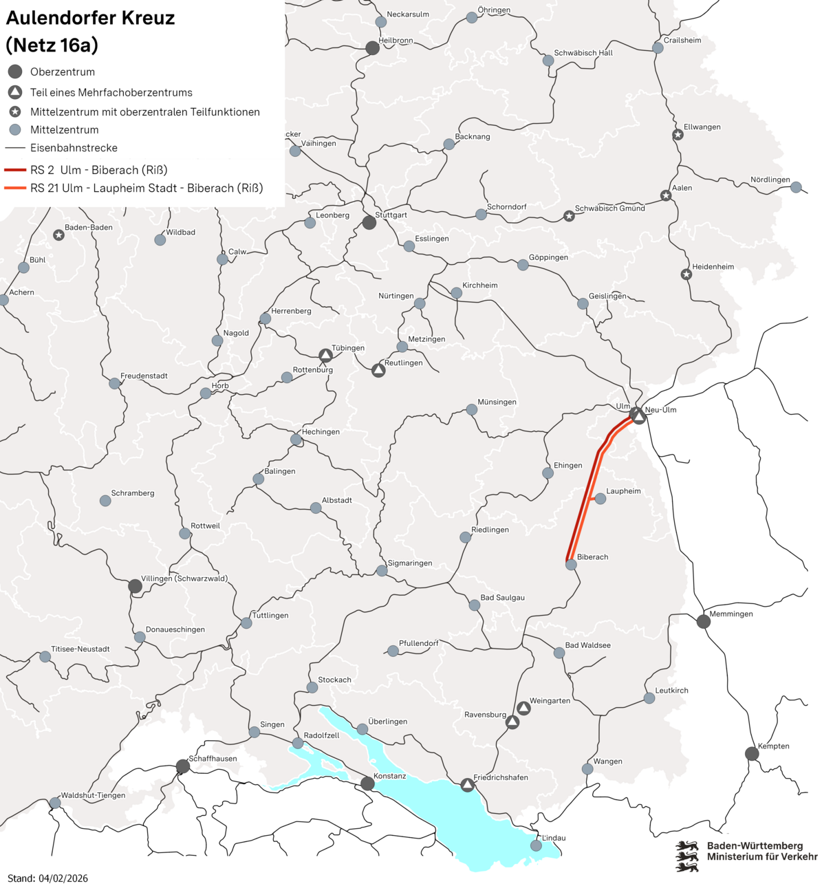 Karte des Netzes 16a: Aulendorfer Kreuz. Eingezeichnet sind die RS 2 / RS 21 Ulm – Biberach (Riß).