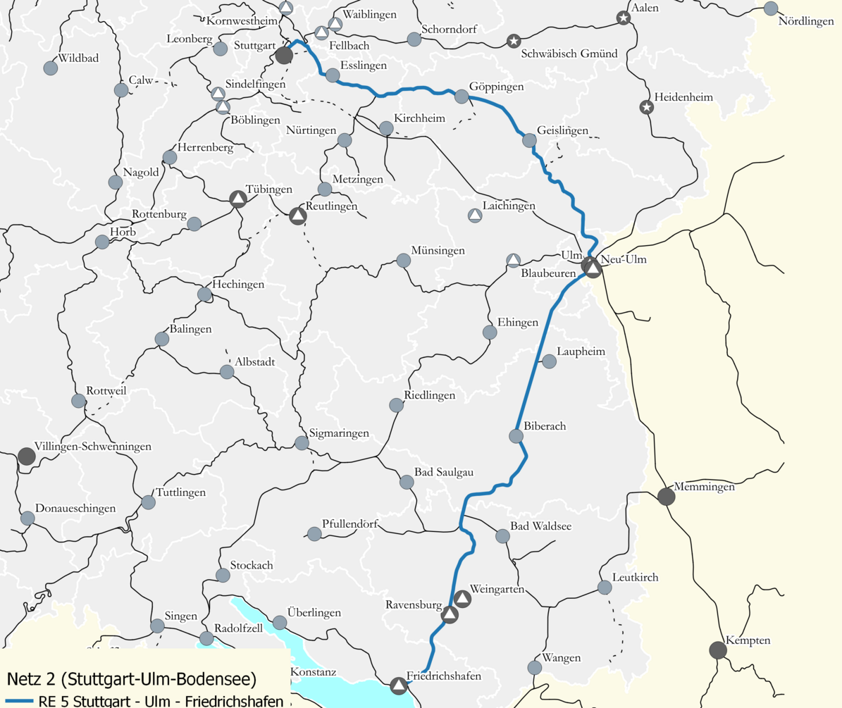 Karte die das Netz 2 zeigt. Auf der Karte ist die Verbindung RE5 Stuttgart - Ulm - Friedrichshafen eingezeichnet. 