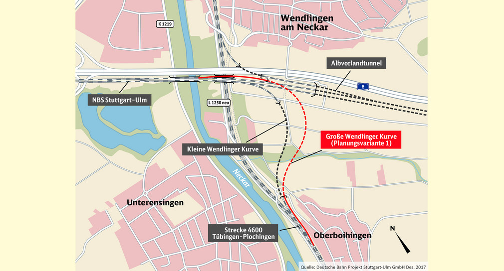 Karte zeigt mehrere Bahnschienen und mögliche Planungsvarianten für ein Projekt mit dem Namen Wendlinger Kurve.