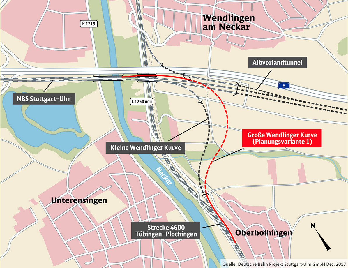 Karte zeigt mehrere Bahnschienen und mögliche Planungsvarianten für ein Projekt mit dem Namen Wendlinger Kurve.