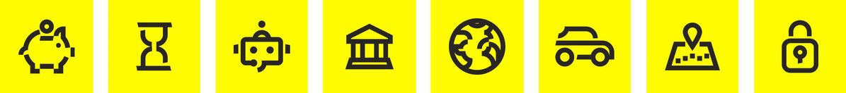 Eine Zusammenstellung acht unterschiedlicher Icons, die die Vorteile von i-Kfz symbolisieren. Günstiger als vor Ort, Keine Wartezeiten, Von überall nutzbar, Sofort losfahren, Immer erreichbar, Staatlich und sicher, Serverstandort Deutschland, Datenschutz nach DSGVO