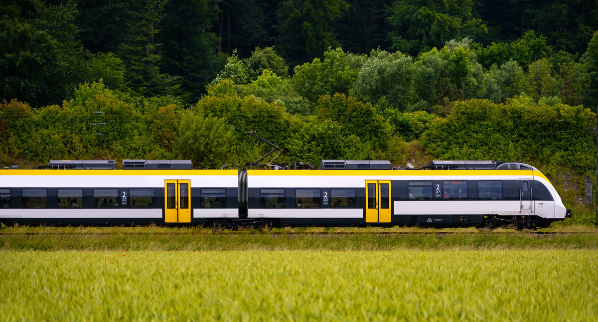 Zug fährt an einem Sommertag im Neckartal bei Tübingen vorbei. Eisenbahnstrecke nach Stuttgart inmitten grüner Weizenfelder und Wälder. Landschaftspanorama mit weiß-gelbem Triebwagen.