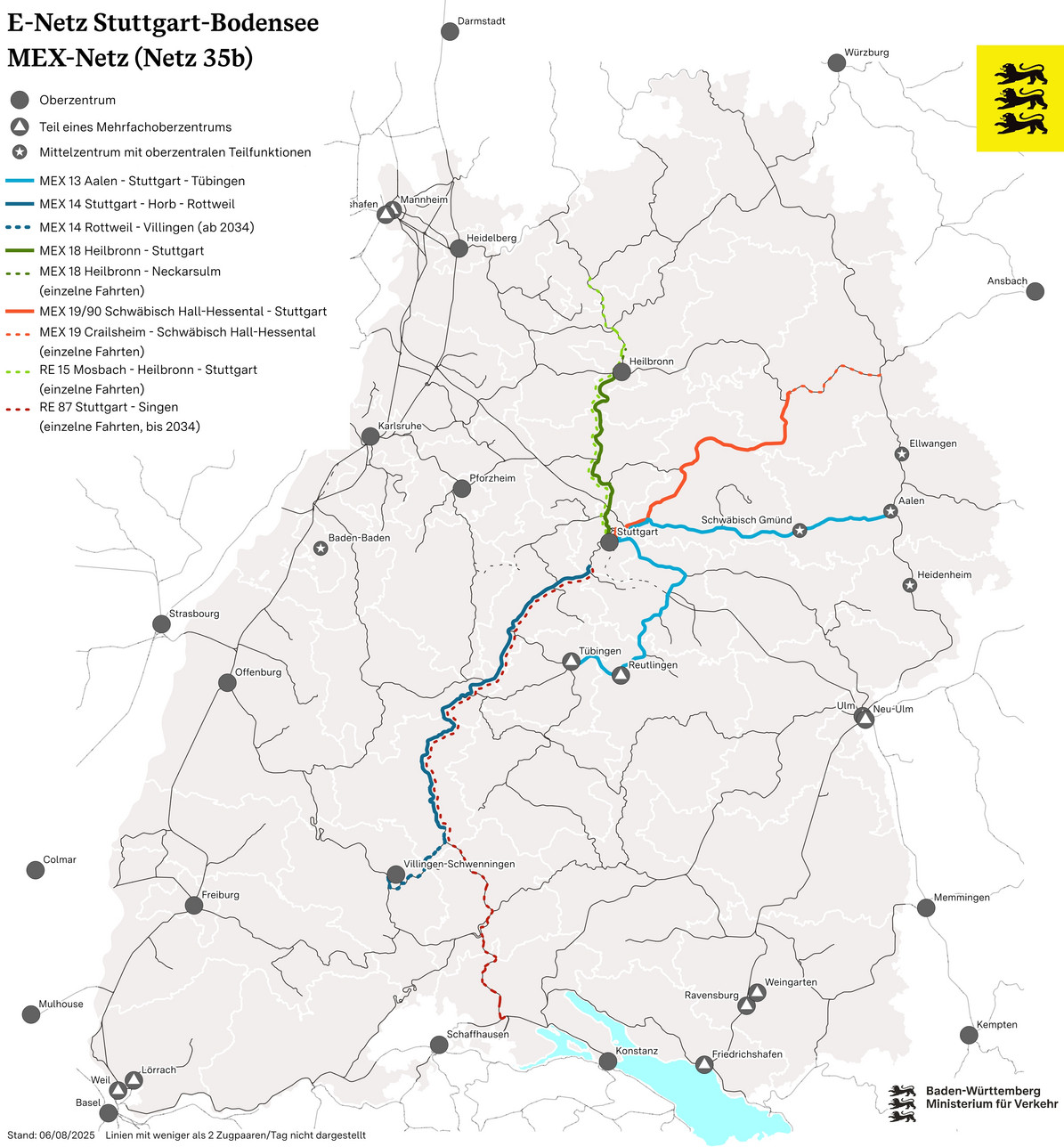 Karte von Baden-Württemberg. Zuglinien führen von Heilbronn nach Stuttgart. Von Stuttgart nach Schwäbisch Hall undvon Stuttgart nach Aalen, Tübingen und Horb beziehungsweise Rottweil.