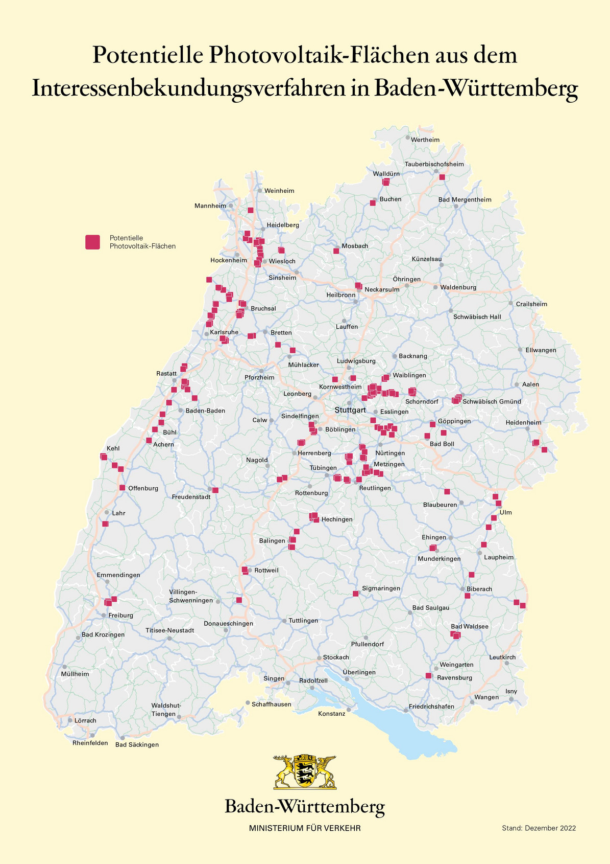 Karte von Baden-Württemberg, auf welcher potentielle Photovoltaik-Flächen aus dem Interessensbekundungsverfahren markiert sind.