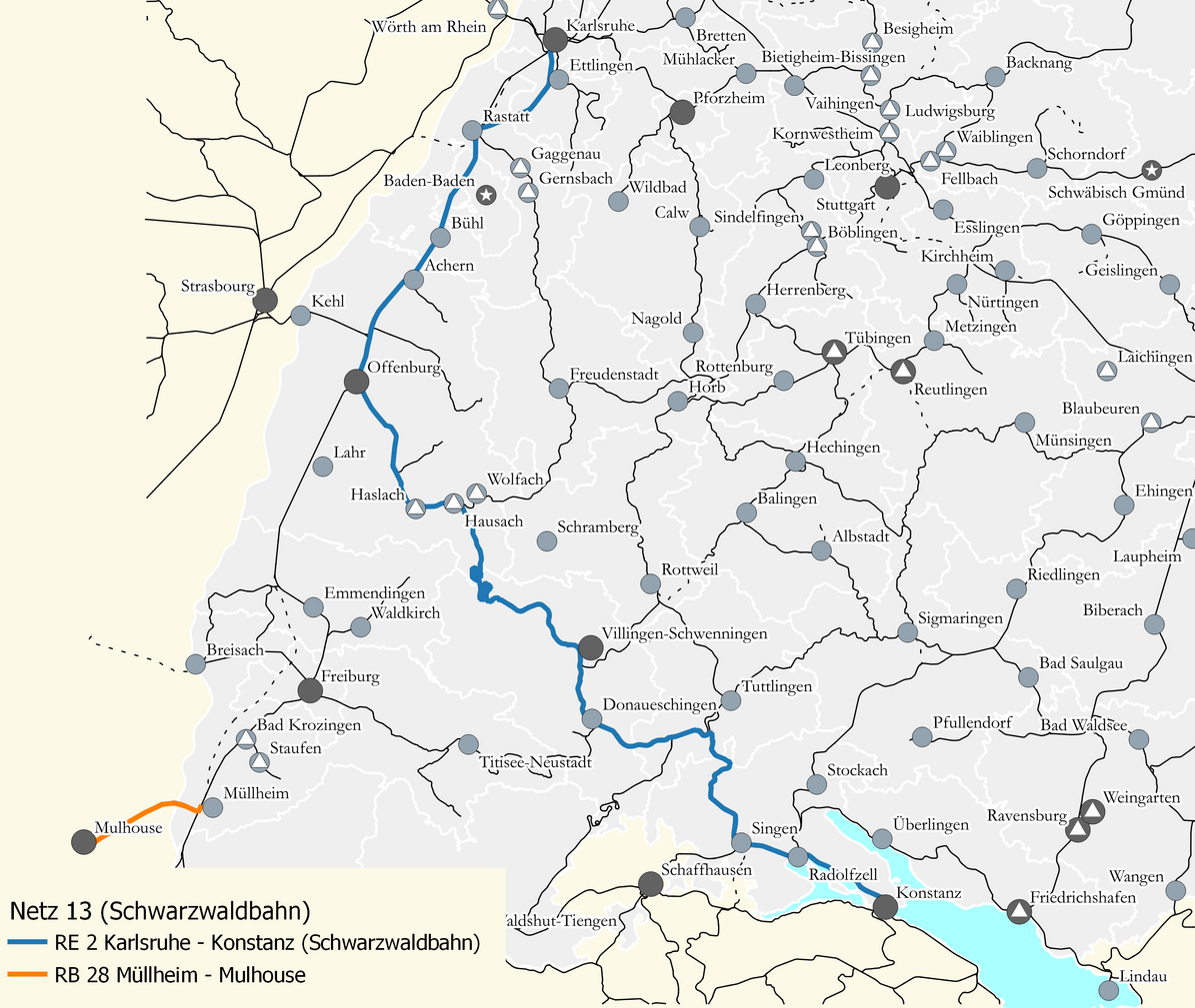 Karte des Netzes 13: Schwarzwaldbahn. Eingezeichnet sind die Linien RE 2 Karlsruhe – Konstanz, RB 28 Müllheim – Mulhouse