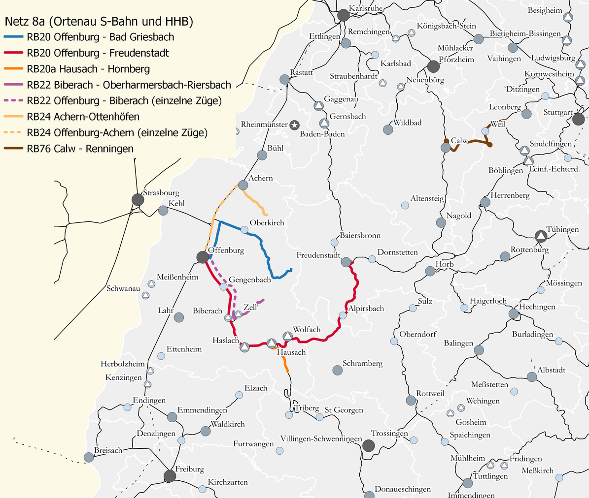 Karte des Bahnnetz 8a: Ortenau-S-Bahn und Hermann-Hesse-Bahn. Eingezeichnet sind die Linien RB 20 Offenburg – Freudenstadt,  RB 20a Hausach – Hornberg,  RB 20 Bad Griesbach – Offenburg,  RB 22 Biberach – Oberharmersbach-Riersbach, RB 24 Achern – Ottenhöfen,  RB 76 Calw – Weil der Stadt – Renningen 