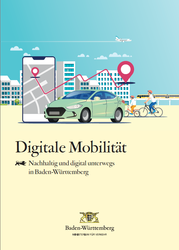 Titelbild einer Brosch&uuml;re mit dem Titel "Digitale Mobilit&auml;t" mit einem Auto und einem Smartphone auf dem Cover