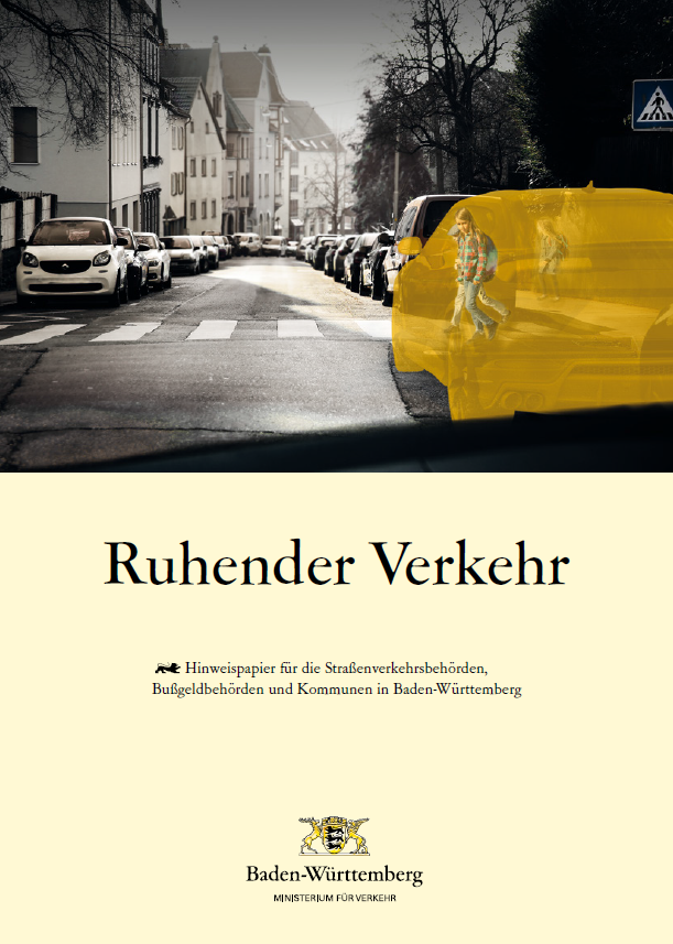 Titelblatt der Brosch&uuml;re zum Umgang mit parkendem bzw. ruhenden Verkehr. Man erkennt Kinder, die in einer zugeparkten Stra&szlig;e einen Zebrastreifen &uuml;berqueren wollen. Ein Auto, das kurz vor dem Zebrastreifen parkt und die Kinder gef&auml;hrdet, ist gelb hervorgehoben. Ansonsten ist das Bild in schwarz-wei&szlig; gehalten. Die untere H&auml;lte des Titelblatts ist in hellgelb gehalten und der Brosch&uuml;rentitel "Ruhender Verkehr" ist lesbar.