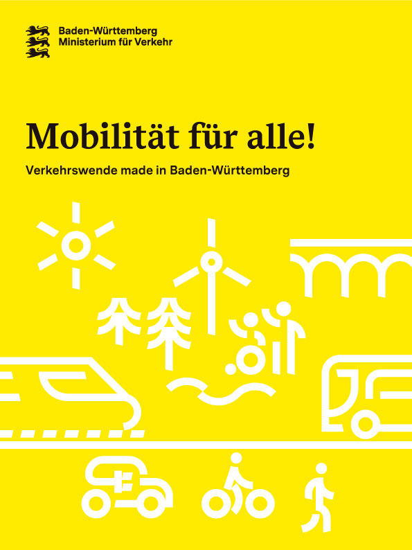 Mit Icons von Verkehrsmitteln illustrierte Titelseite einer Brosch&uuml;re mit dem Namen "Mobilit&auml;t f&uuml;r alle! Verkehrswende made in Baden-W&uuml;rttemberg".