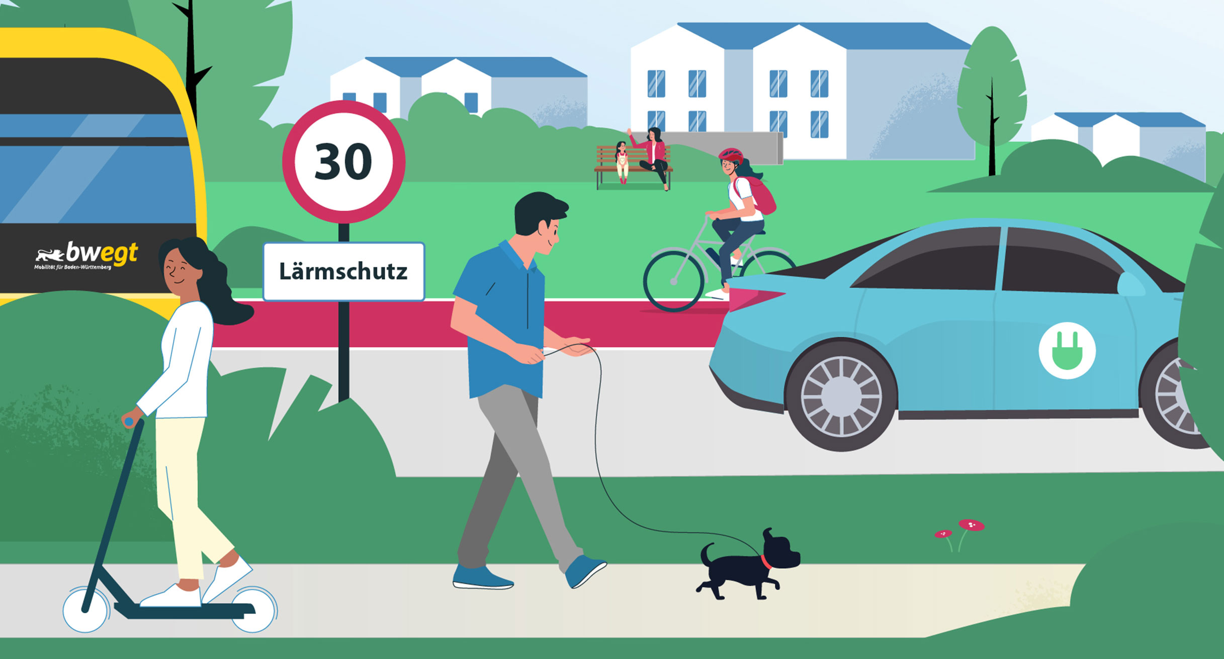 Illustration. Ruhige Stadtszenerie. E-Autos, Busse und Z&uuml;ge fahren leise durch eine Stadt.