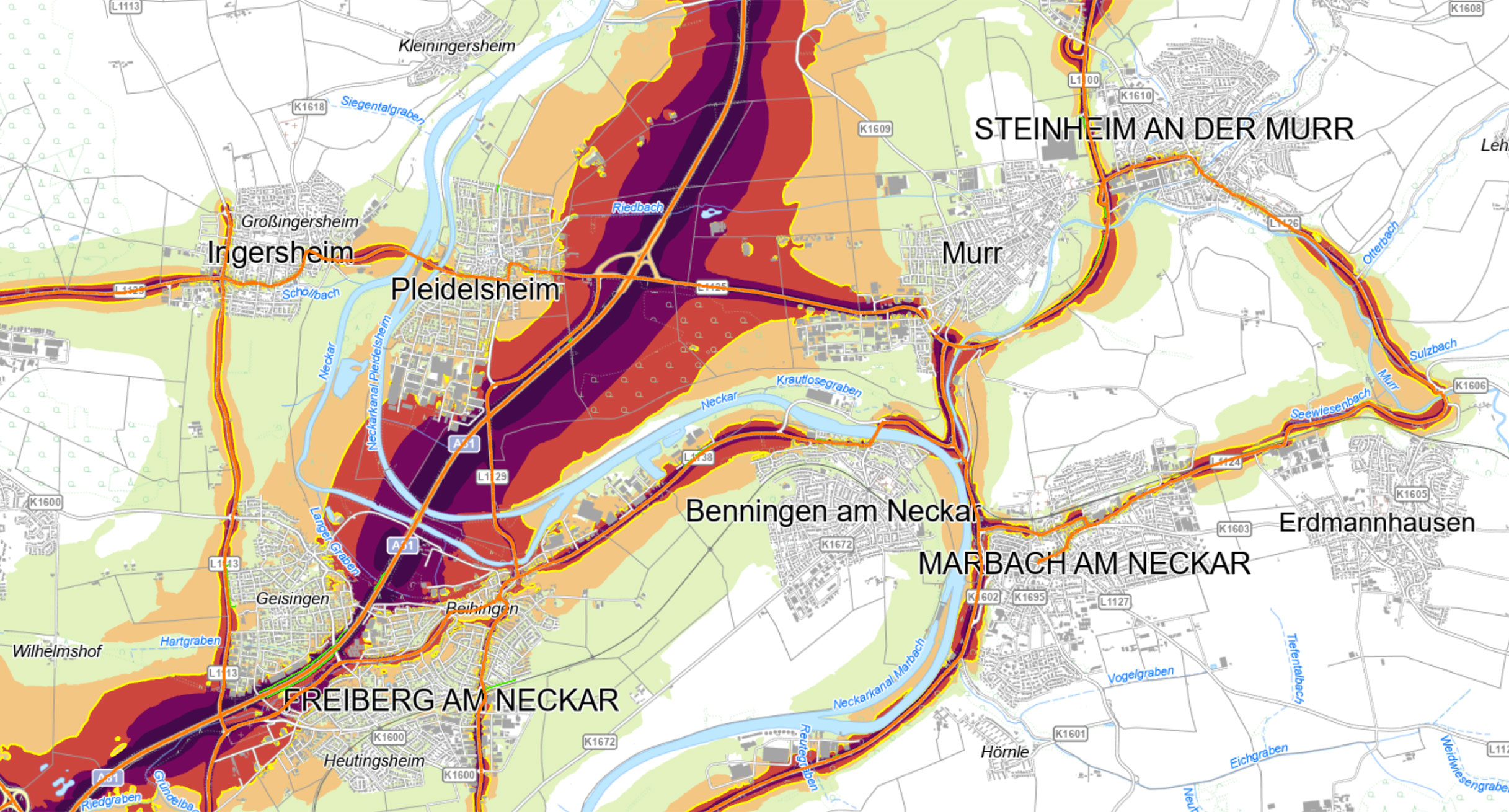 Stra&szlig;enkarte mit eingezeichneten L&auml;rmbereichen.