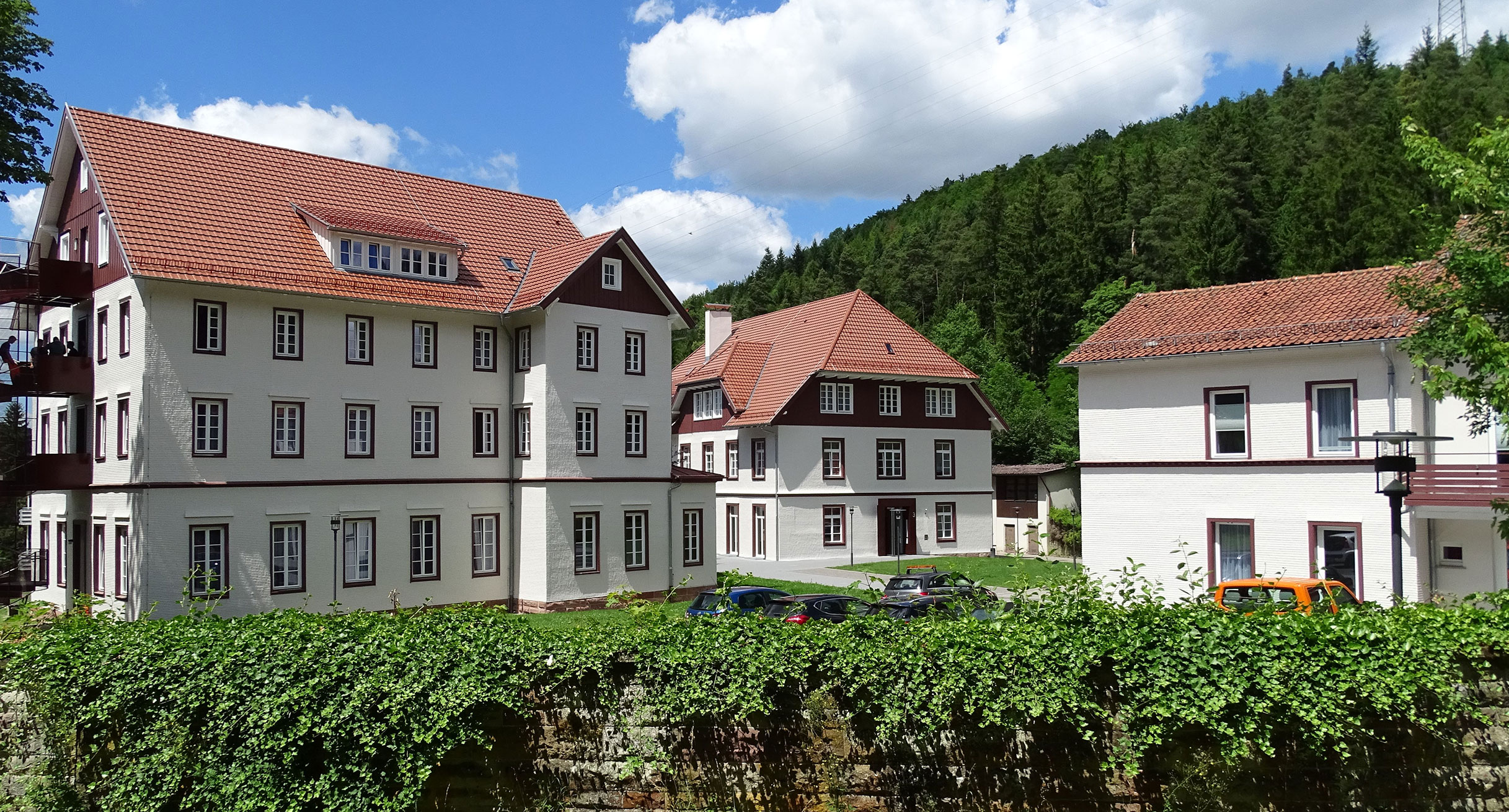 Mehrere Häuser stehen in einer grünen Landschaft.