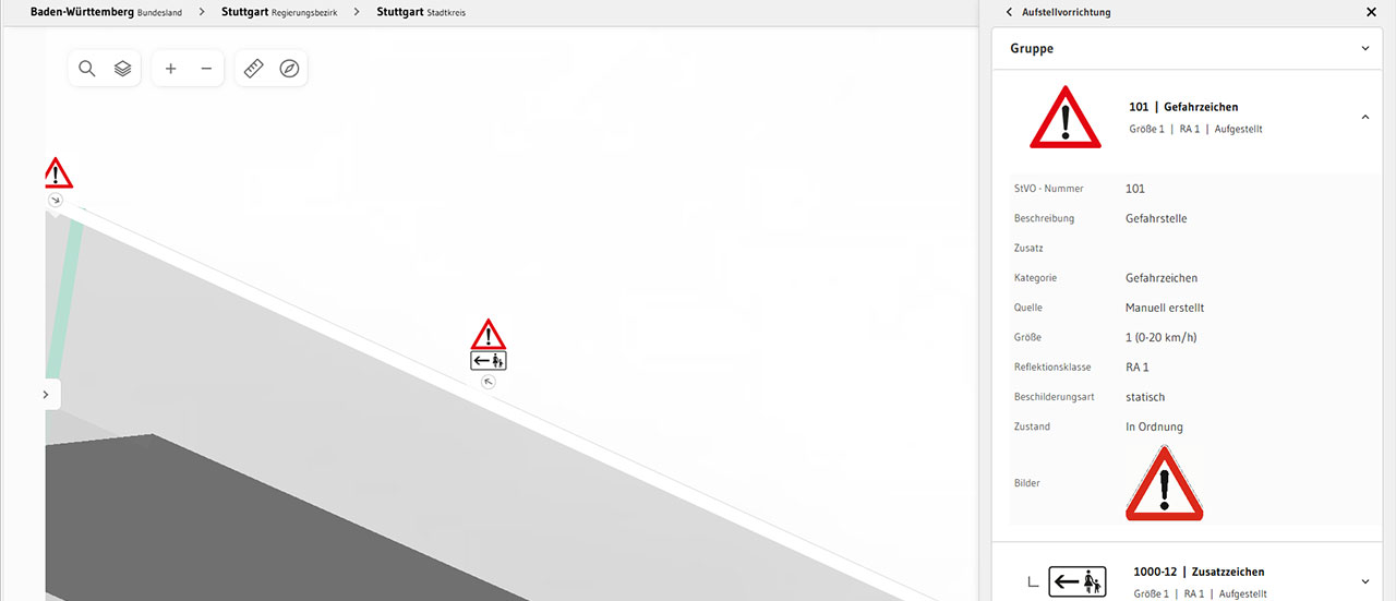 Screenshot des digitalen Verkehrszeichenkatasters.