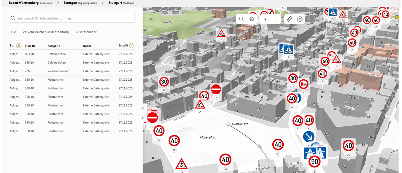 Screenshot des digitalen Verkehrszeichenkatasters.