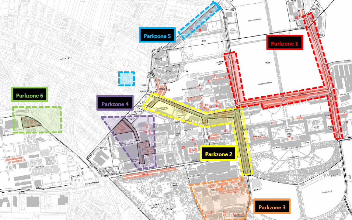 Eine Straßenkarte des Campus der Universität Hohenheim. Sechs verschiedene Parkzonen sind markiert.